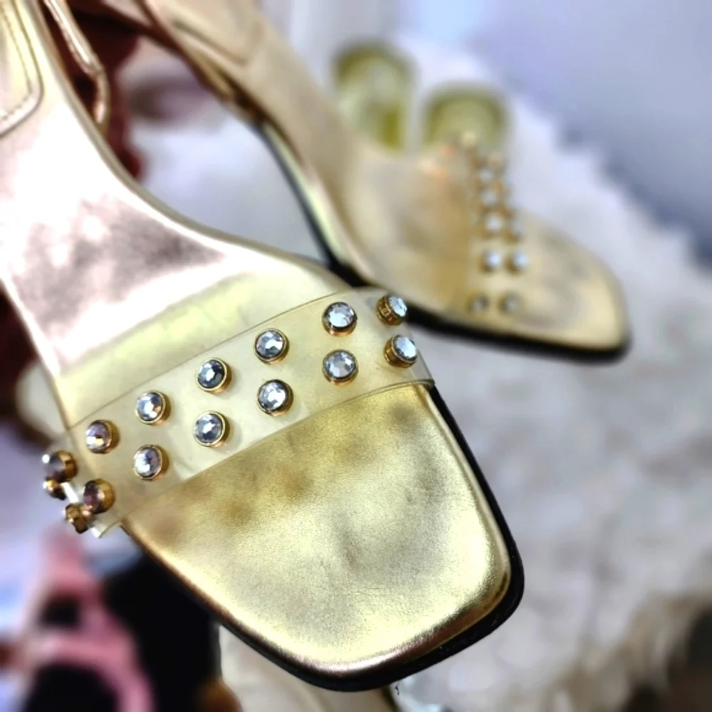 Zara shoes gold metallic kitten slingback heels clear embellished vamp size 9 - Picture 2 of 11